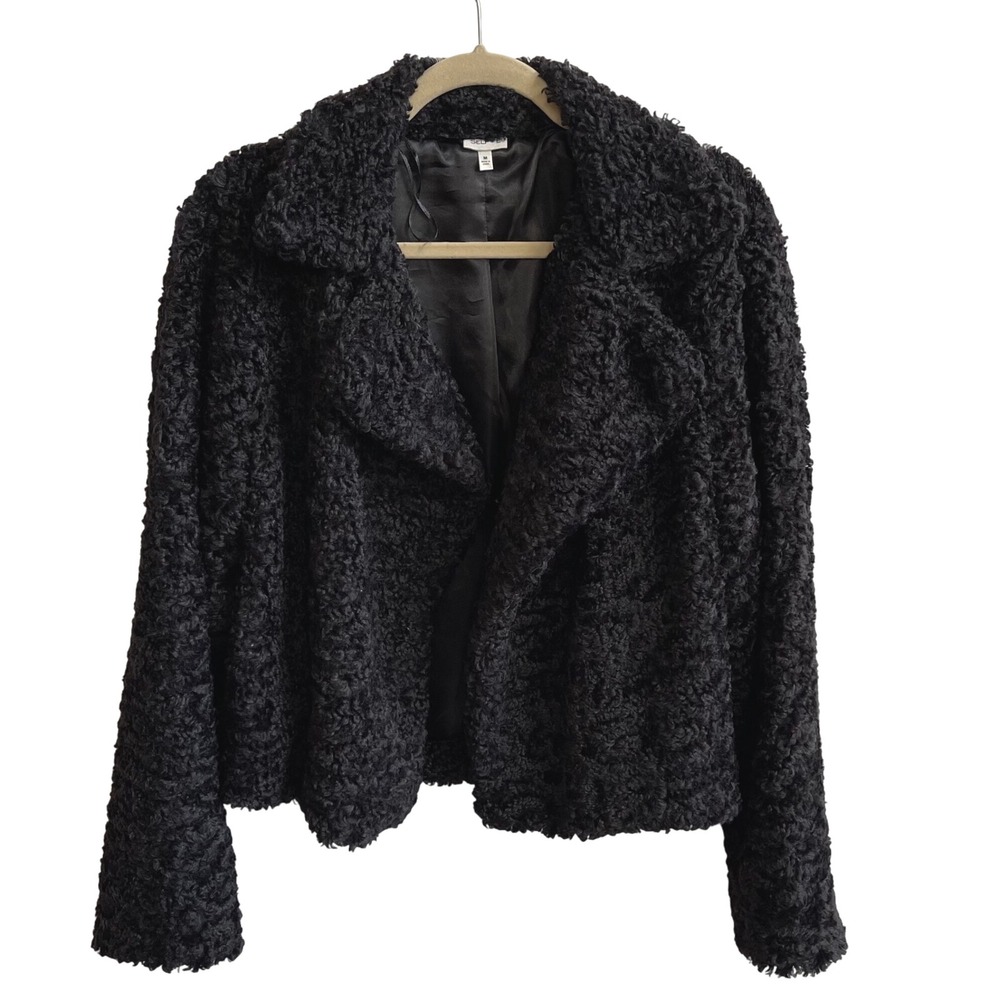 SELFIE‎ Women Black Textured Faux Fur Open Jacket Size Medium